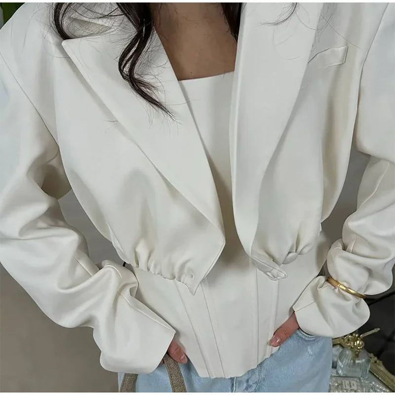 Two Piece Set Fishbone Strapless Vest Top Suit Short Jacket Solid Color Slim Fit Fashion Women Tank Blouse Waist Cinched Coat