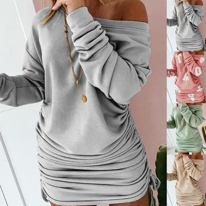 Off Shoulder Ruffled Drawstring Sexy Robe Autumn Pure Women Long Sleeve Mini Pencil Dress Sweatshirt Streetwear Dresses Female