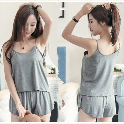 Women Casual Pajamas 2025 Sexy Sleepwear Pajama Set Nightgowns Camisole Shorts Nightclothes Spagjetti Strap Black Smooth Soft