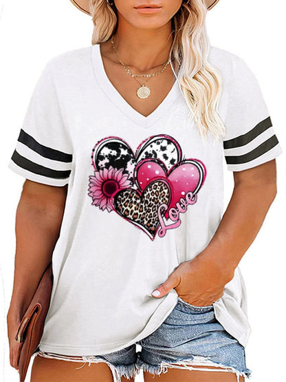 2024 Plus Size Spring/Summer New Love Print Casual Fashion Women's V-Neck Short-Sleeved Loose T-Shirt 5XL 6XL WHITE