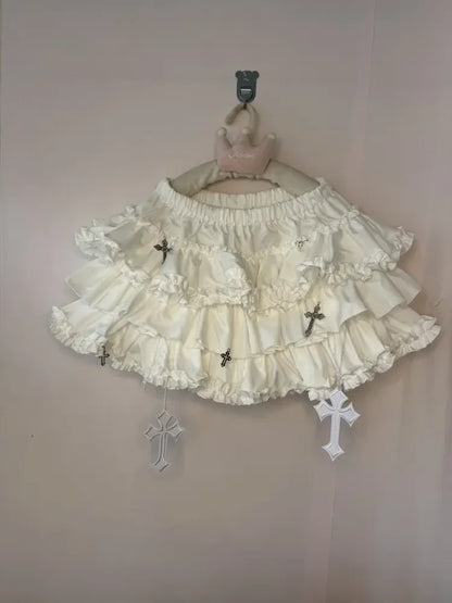 Emo Women Y2K Japanese Goth Elastic Waist Cross Mini Short Skirt High Waist Aesthetic Acubi Ruffle Skirts A-line 2000s Clothes