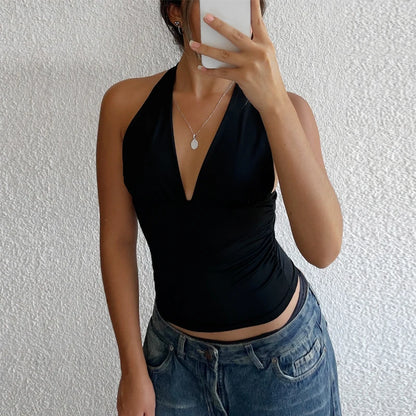 TRAF Halter Top Women Off Shoulder Deep V-Neck Crop Top y2k Sexy Backless Tank Top Street Style Casual Women's Summer Tops 2025