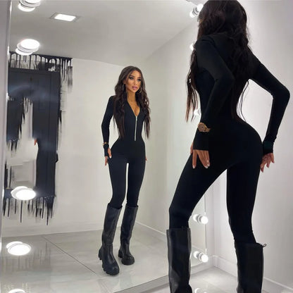 Fitness Outfit Female Casual Sporty Workout Zipper Jumpsuit Women Rompers Long Sleeve Skinny Activity Wear Overalls Tops