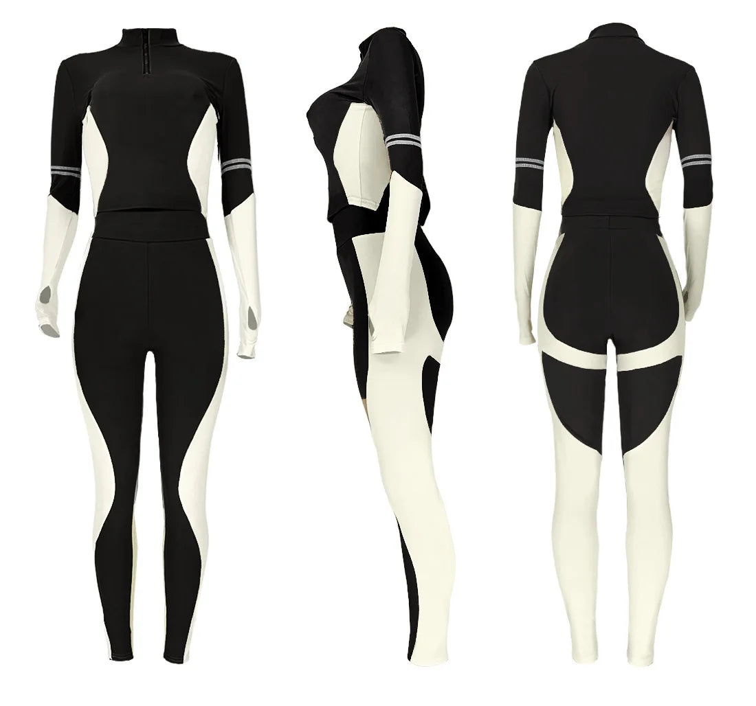 Y2K Color Matching Women'S Set Sweatsuit Two Piece Outfits Ladies' Standing Collar Sports Suit Slim Fit Long Sleeved Long Pants Badiee Stylez