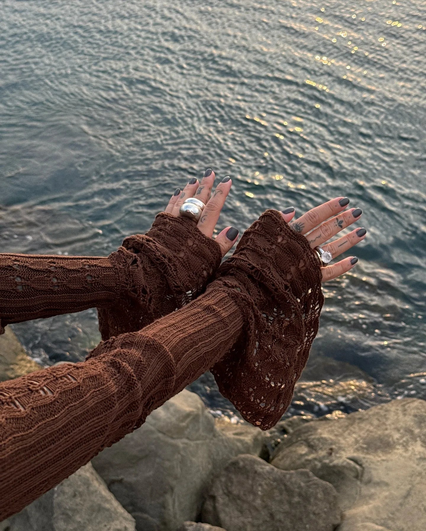 DSMTRC 2025 Holiday Knitted See-throught Cardigan Dress V Neck Long Flare Sleeves Leisure Long Trendy Single Breasted Autumn