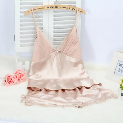 Black Pajamas Suit Lace Up Cami&shorts Set 2Pcs Satin Home Clothes Lady Sexy Lingerie Sleepwear Loungewear Plus Size 3Xl Champagne