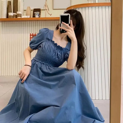 Summer Women Dress Pleated Shirring Square Neck Short Sleeve Bubble Sleeve Ladies Dress Solid Color Loose Hem Midi Dress