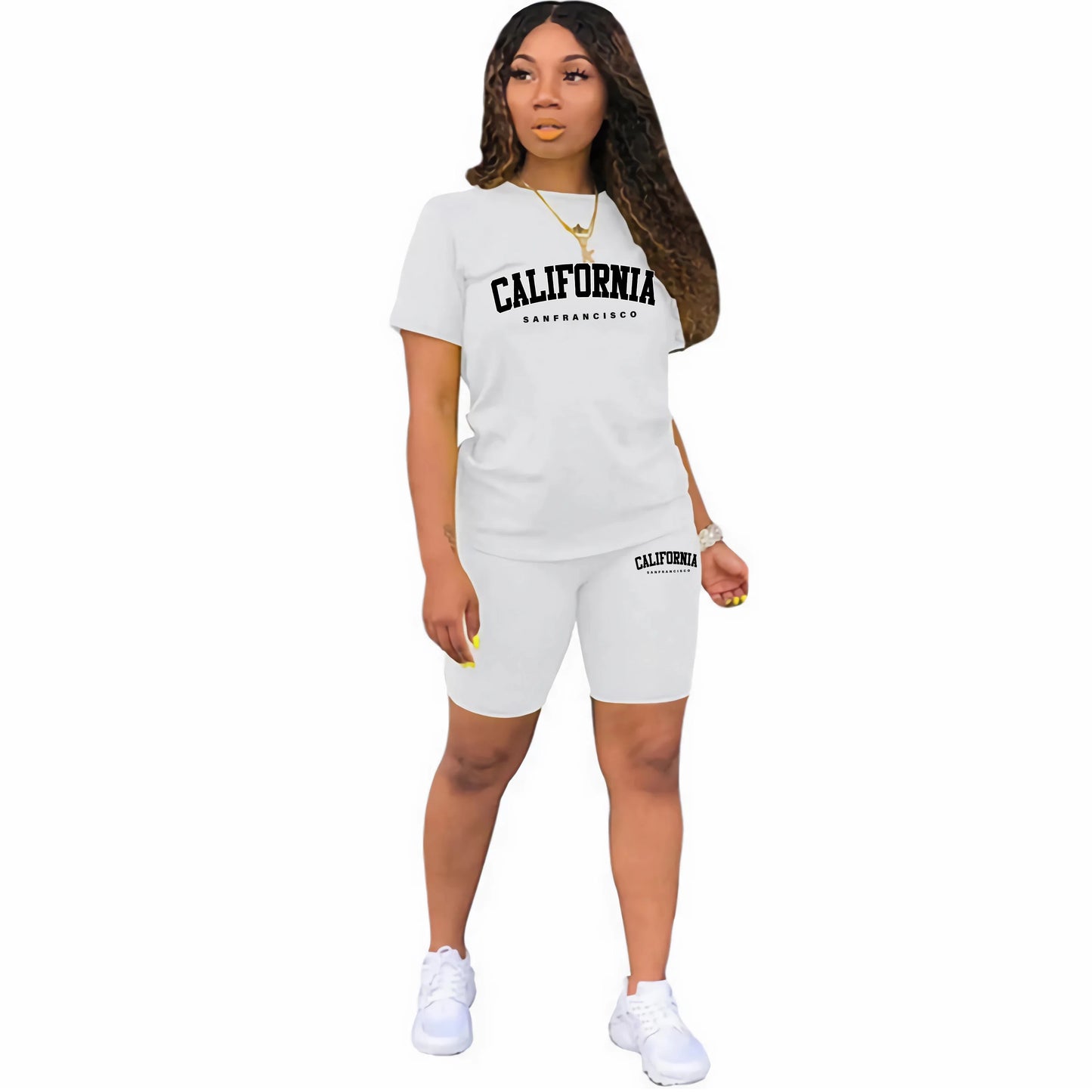 Womens Summer Tracksuit Print T-Shirt+Shorts 2 Piece Sets Fashion Sportswear Clothing Luxury Casual Jogging Short Sleeve Suit White