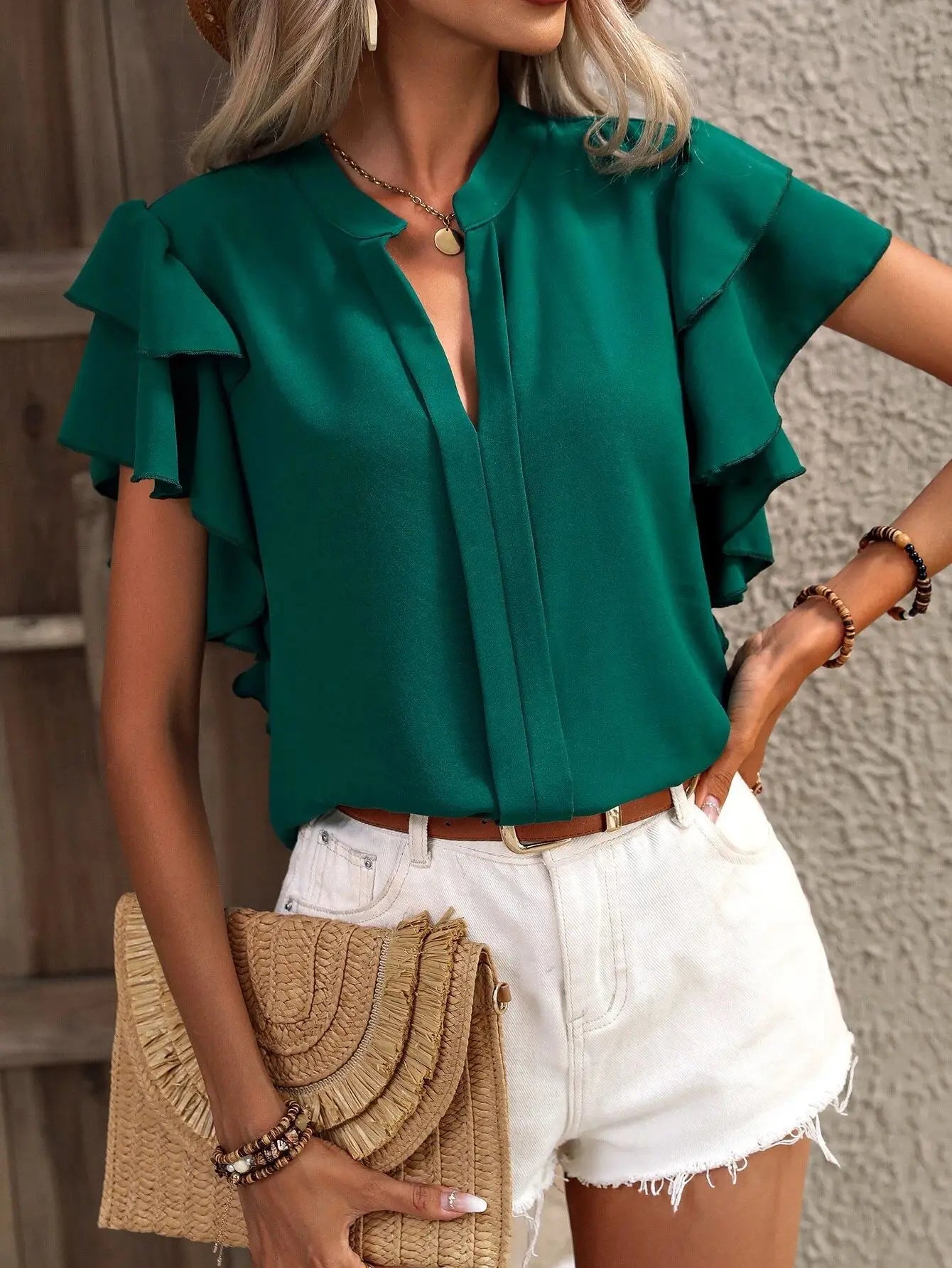 Dark Green Elegant Pullover Blouse 2024 Women's Summer New V-neck Casual Double Layered Ruffle Sleeves Solid Color Shirt Top