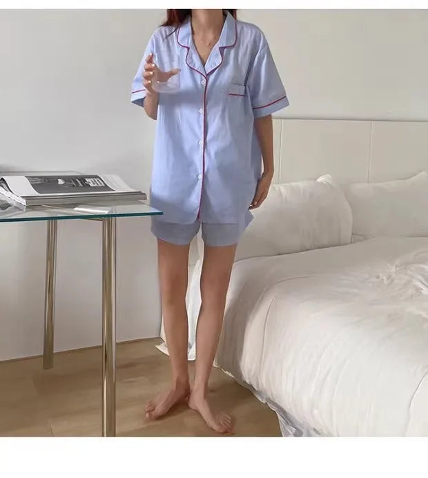 Women's Striped Solid Color Pajamas Short Sleeve Shorts Cardigan with Lapel Student Homewear Two-Piece Set Girl Sleepwear