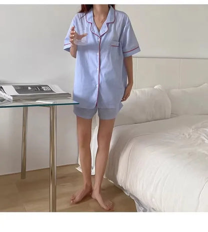 Women's Striped Solid Color Pajamas Short Sleeve Shorts Cardigan with Lapel Student Homewear Two-Piece Set Girl Sleepwear