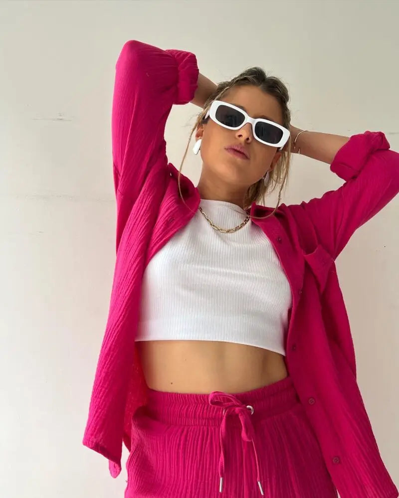 Short Sets Women Tracksuit Single Breasted Cardigan Blouses Two Pieces Shorts Loose Button High Street Solid Pockets Folds