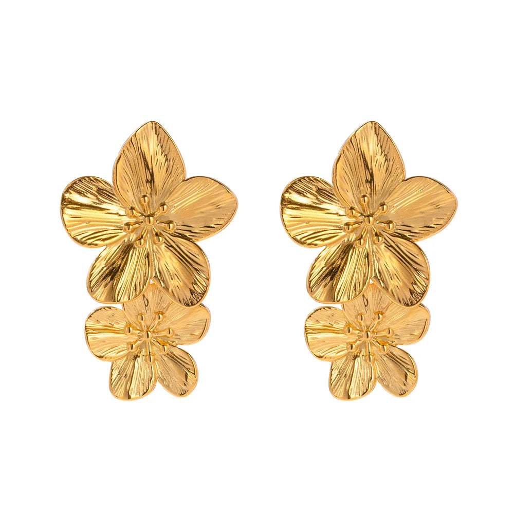 Tarnish Free Vintage 18K Gold Plated Stainless Steel Flower Drop Earrings Metal Waterproof Statement Stylish Exaggerated JDEW2306024