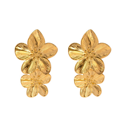 Tarnish Free Vintage 18K Gold Plated Stainless Steel Flower Drop Earrings Metal Waterproof Statement Stylish Exaggerated JDEW2306024