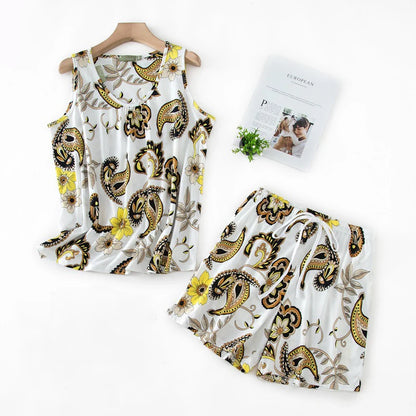 Hzioiys Summer Pajamas Sets Cotton Sleepwear Suit Women Casual Pajama Sets Cartoon Vest Shirt + Shorts Pajamas Suit Plus Size White Yellow