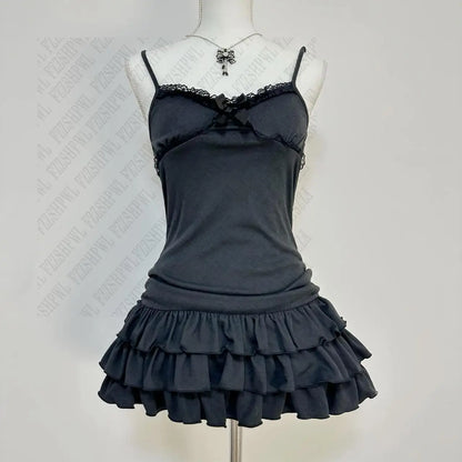 Sweet Korean Aesthetic Y2K Women Dress Classic Halter Bow Girl Tide Cute Sundress Casual Harajuku Vintage Slim Chic Frock Mini black