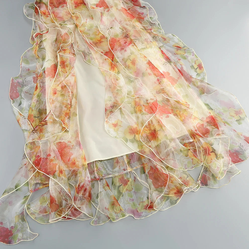 Summer New 2024 Women Sexy V Neck Backless Flower Chiffon Maxi Gowns Dress Split Celebrity Cut Out Beach Maxi Dress