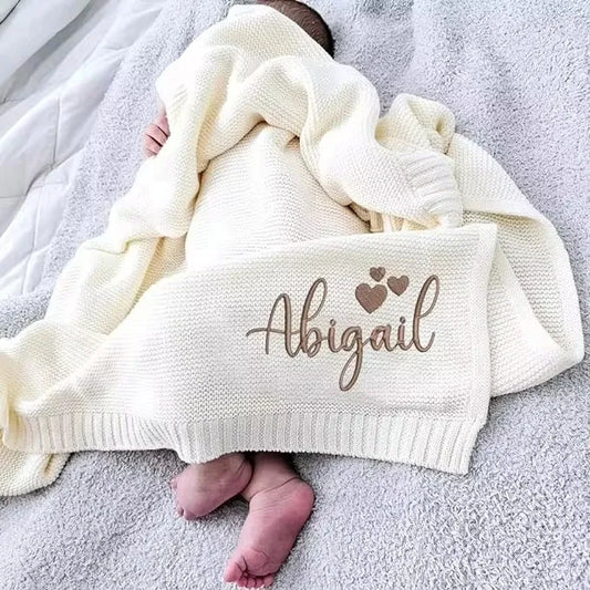 Personalized Kid Name Baby Blanket Embroidered New Born Baby Blanket Stroller Swaddles Breathable Cotton Knitted Blanket Bedding Badiee Stylez