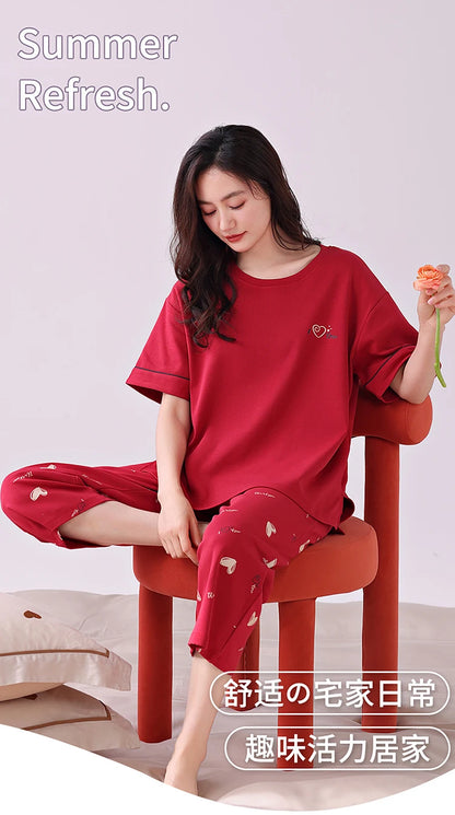 Newest Summer Casual Pajamas Set Women 100% Cotton Sleepwear Female Short Top+Calf-Length Pant Pyjamas