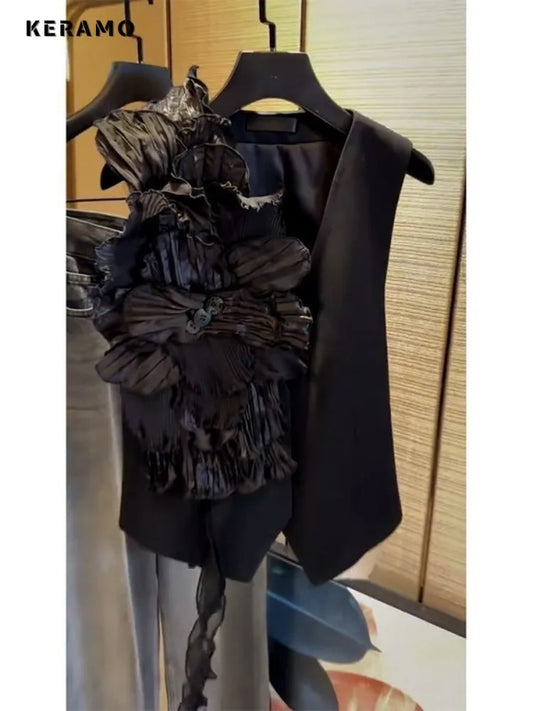 Women's Vintage Casual Floral Decoration Sleeveless Tanks Top 2025 Spring Fashion Loose Fit V-neck Top Classic Black Vest