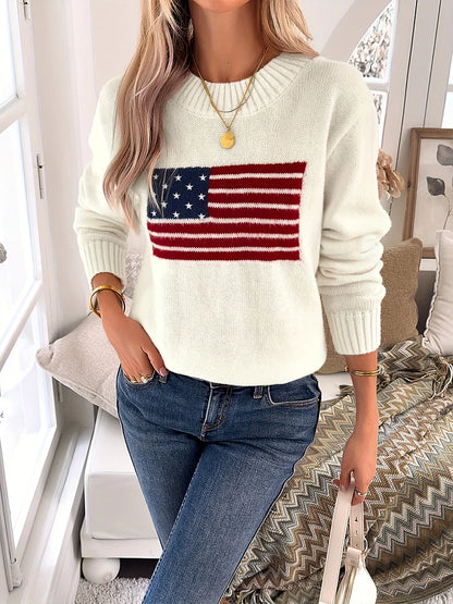 Plus Size Women Fashionable Loose Casual All-Match Sweater With Flag Print Flag Graphic Long Sleeve Sweater Knit
