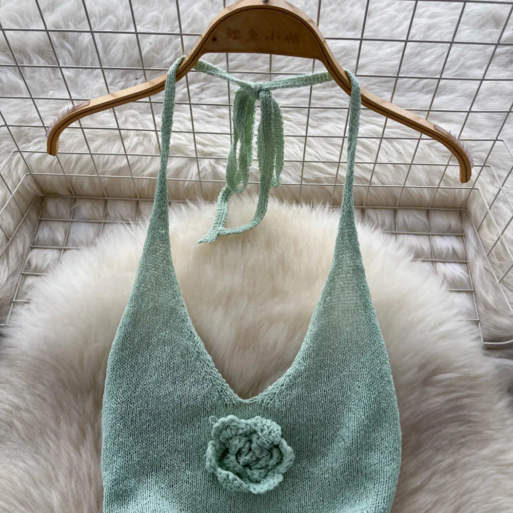 SINGREINY Halter 3D Floral Maxi Sundress Women Sleeveless Bodycon Elastic Beach Dress Vacation Knitted Split Sexy Long Dress