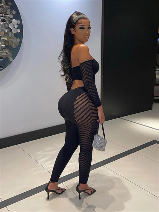 Simenual Baddie Fashion Mesh Tansparent Two Piece Sets Hotsweet Sexy Hollow Out Crop Tops Skinny Pants High Elastic Co Ord Suits