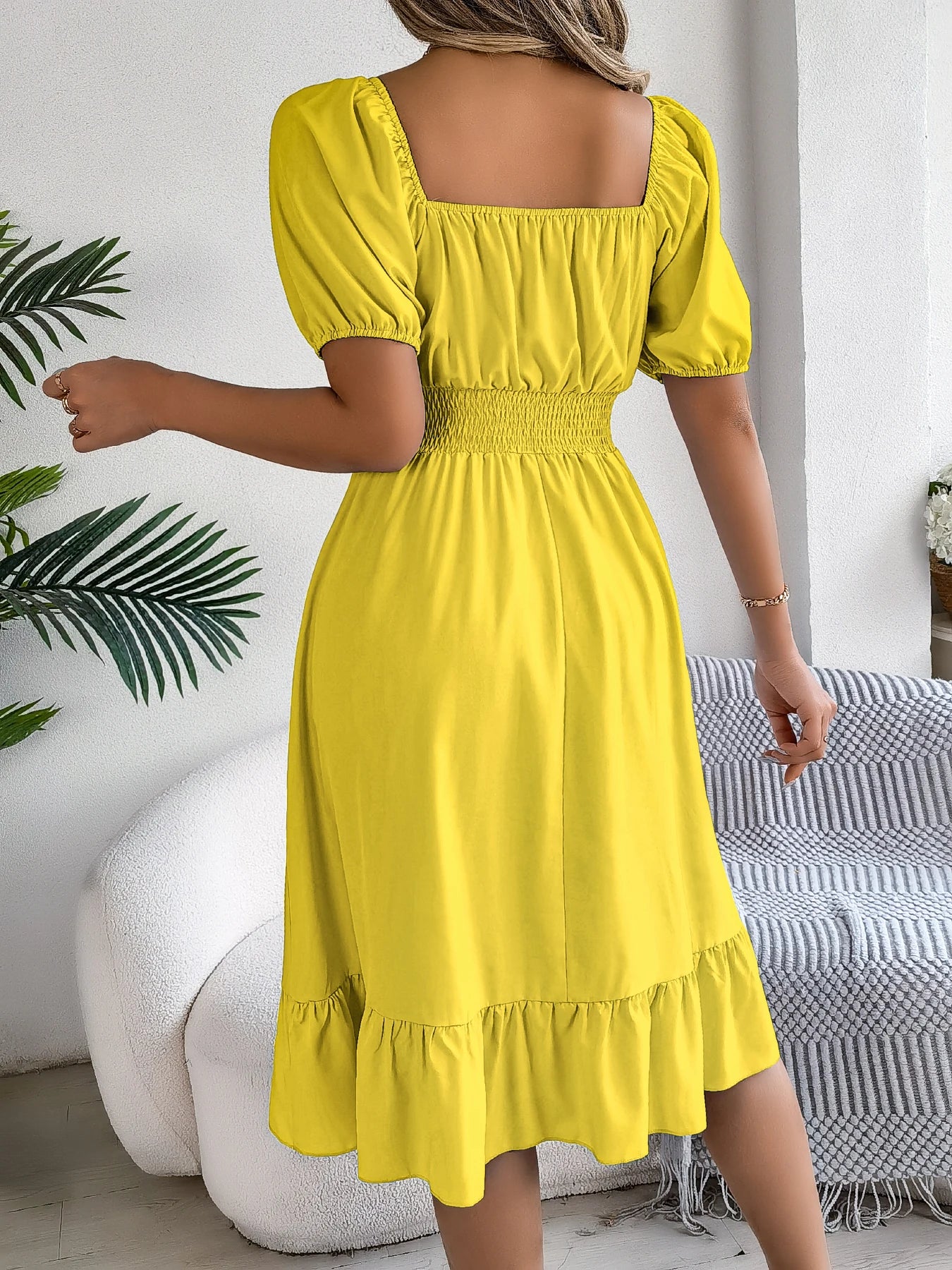 Spring and Summer Elegant High Waisted Dress Square Neck Short Sleeved Ruffled Edge Long Dresses for Women Badiee Stylez