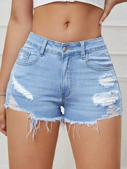 Ripped Raw Denim Shorts For Women Fashion A-line Hem Female Summer Hot Pants Streetwear Blue Clothing Skinny Sexy Retro Leisure Badiee Stylez
