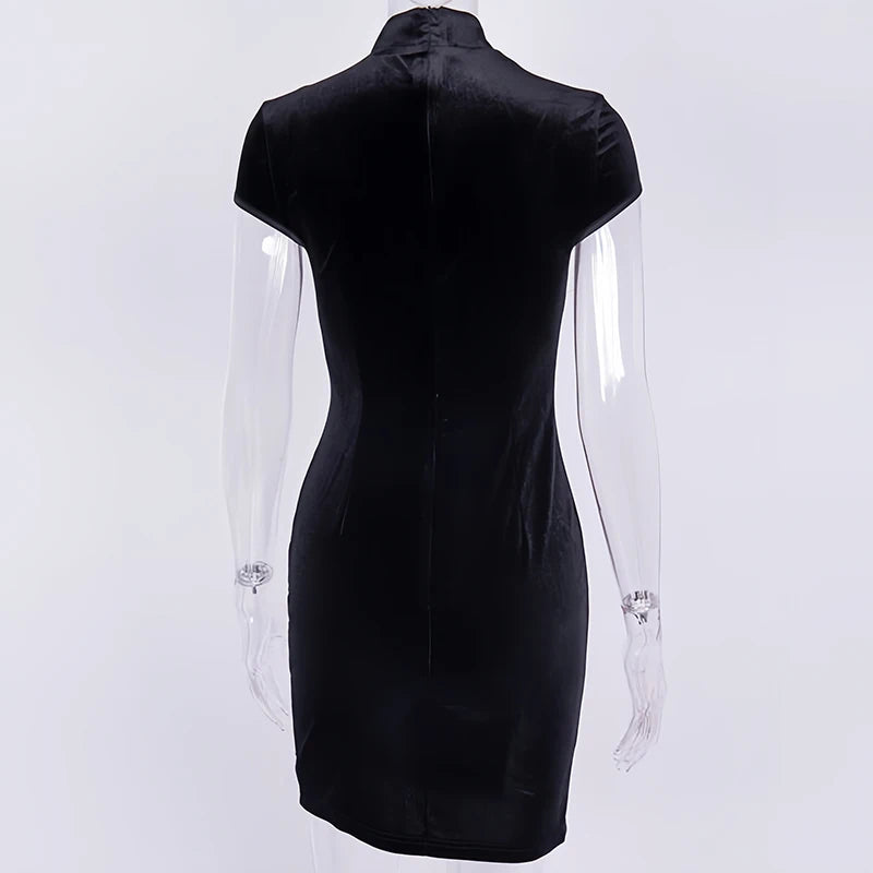 Women Dress Y2K Cheongsam Velvet Elegant Black Sexy Short Sleeve Button Casual Shopping Photo Chinese Dress Tight Fashion Summer Badiee Stylez