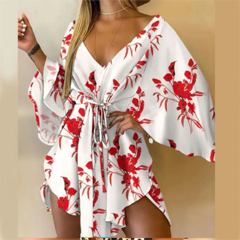 Sexy Women Mini Dress Floral Print V Neck 3/4 Bat Sleeve Lace Up Irregular Hem Casual Loose Beach Cover Up Dress Vestido Mujer