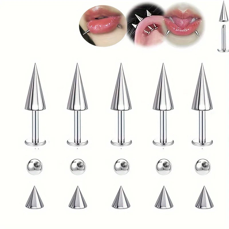 5pcs Spikes Punk Fashion Stainless Steel Lip Stud Earrings For Daily Detachable Replaceable Ball Piercing Jewelry For Men