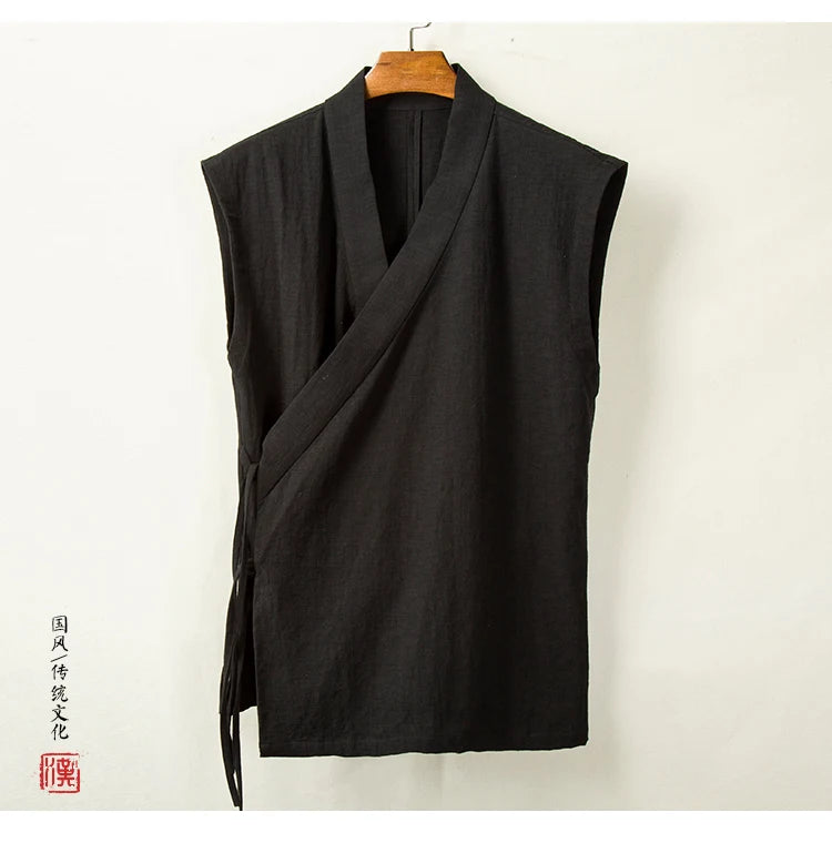 Chinese Traditional Clothing Hanfu Vest Men Linen Cotton Sleeveless Top Men's Tang Suit Kimono Cardigan Men's Slit Top