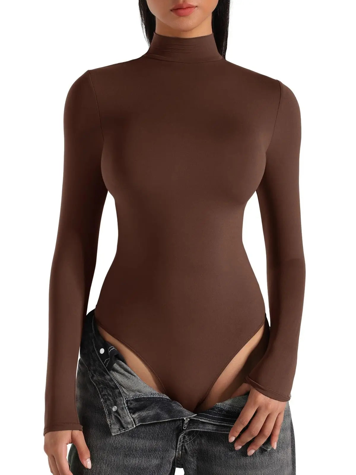 Women's Turtle Neck Long Sleeve Bodysuits Basic Slim Fit Double Lined Lightweight Layering Fall Winter Tops Dark Brown