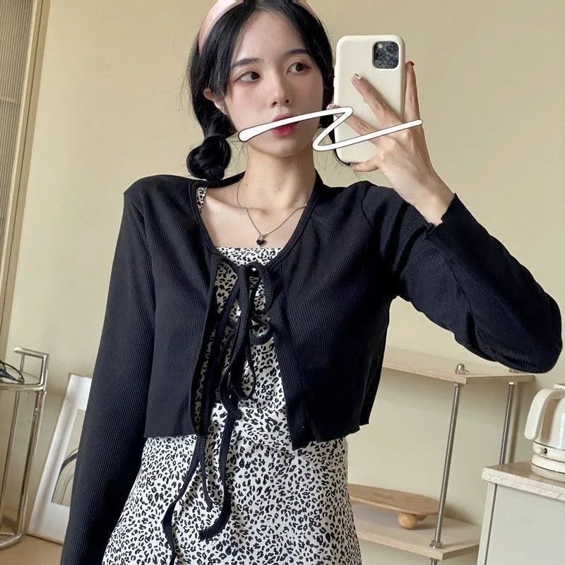 Casual Knitted Cardigan Women Fashion Thin Sunscreen Lace-Up Knitwear Tops Y2k Girls Korean Style Flare Sleeve Cropped Coat black One Size