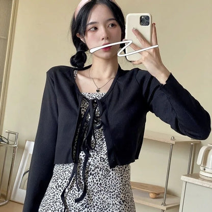 Casual Knitted Cardigan Women Fashion Thin Sunscreen Lace-Up Knitwear Tops Y2k Girls Korean Style Flare Sleeve Cropped Coat black One Size