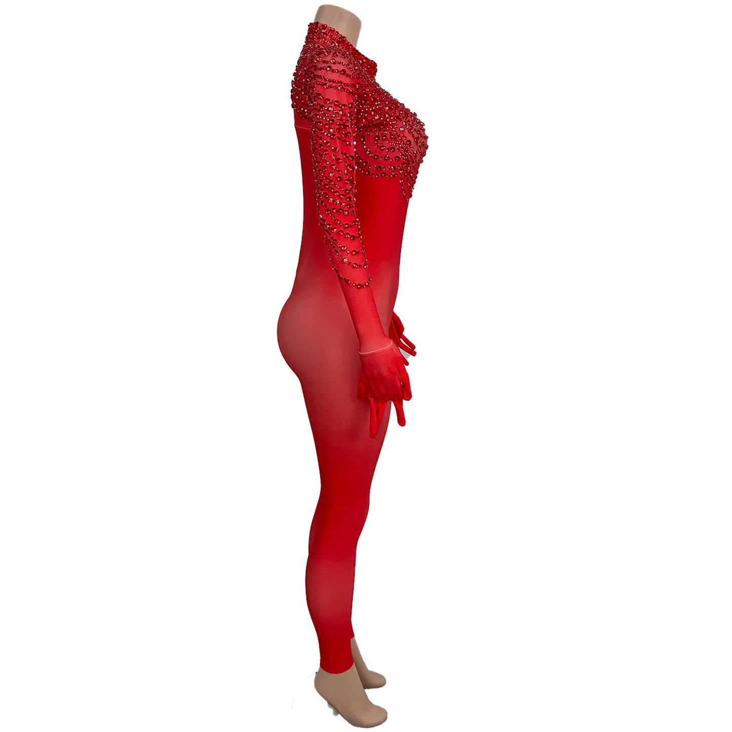High Elasticity Large Sized Women Jumpsuit Shiny Red Shawl Rhinestone Tight Pants with Glove Acrobatic Pole Dance Costume pijian Badiee Stylez
