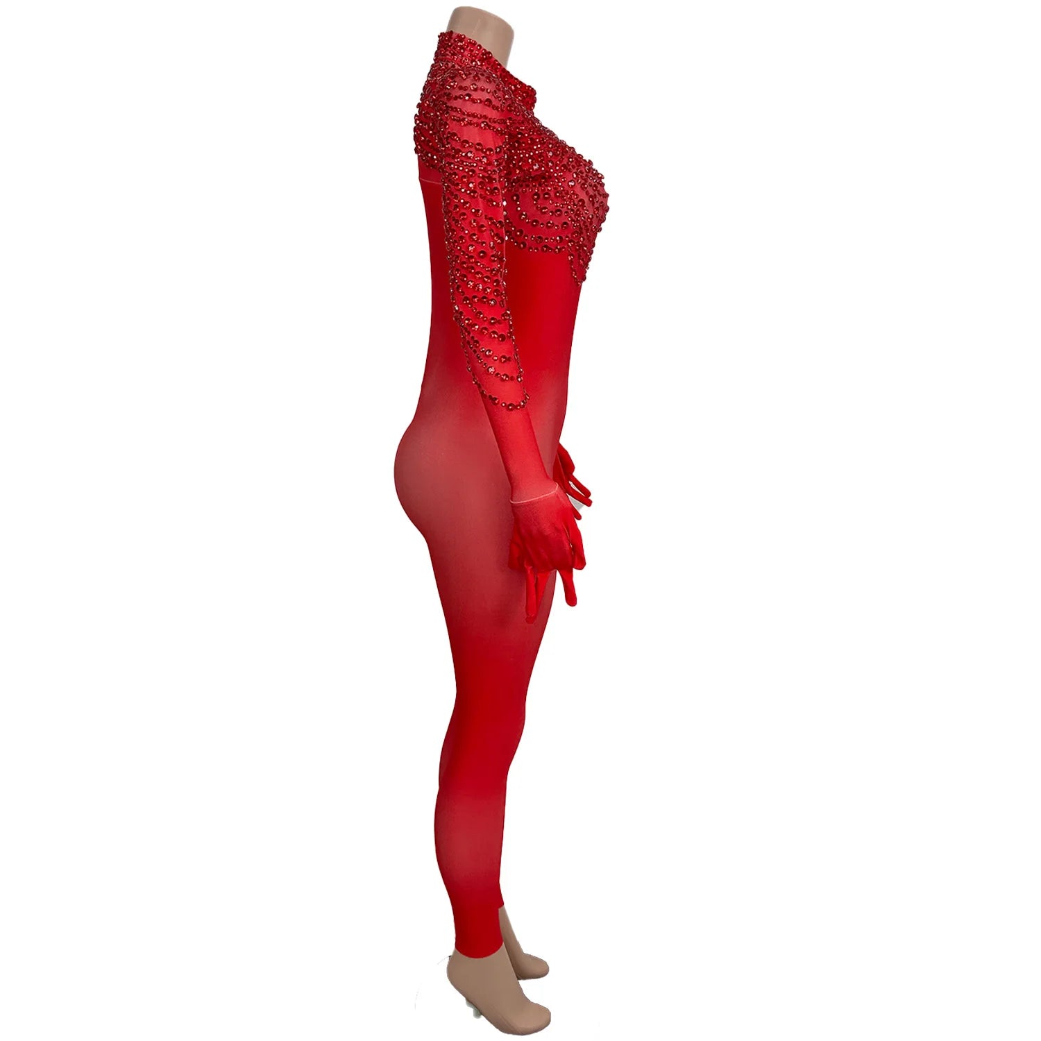 High Elasticity Large Sized Women Jumpsuit Shiny Red Shawl Rhinestone Tight Pants with Glove Acrobatic Pole Dance Costume pijian Badiee Stylez