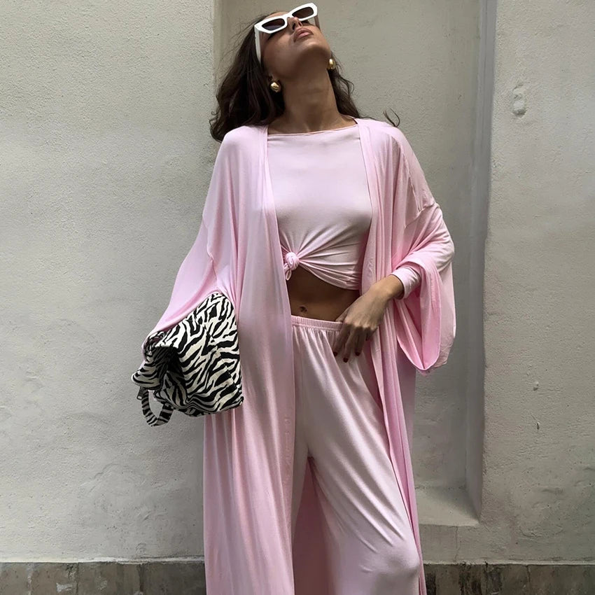 Hiloc Elegant Knit 3 Piece Sets Summer Casual Loose Sleepwear Street Chic Elastic Waist Pants Fashion Long Sleeve Shirts 2025