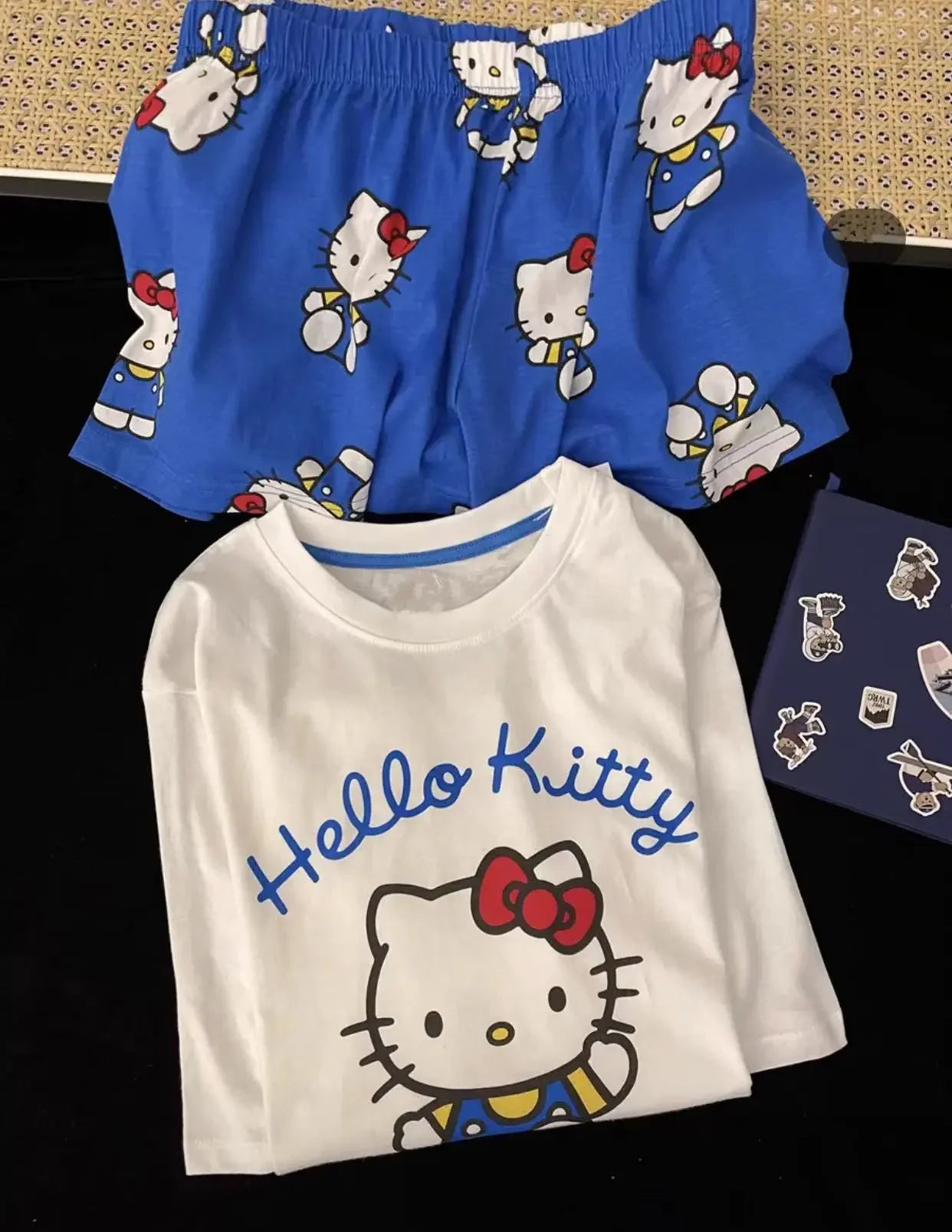 Hello Kitty Summer White & Blue Pajama Set Women's Short Sleeve Shorts with Lace Accents Soft Breathable Loungewear Home Comfort