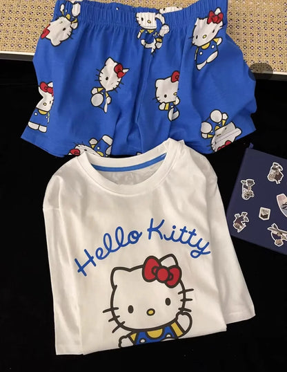 Hello Kitty Summer White & Blue Pajama Set Women's Short Sleeve Shorts with Lace Accents Soft Breathable Loungewear Home Comfort