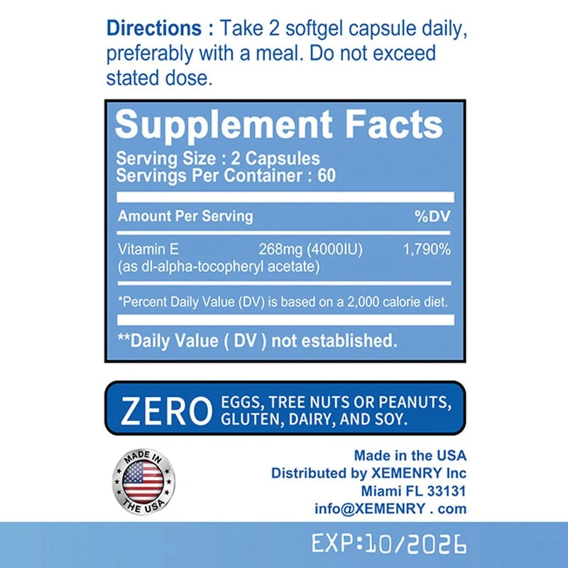 Vitamin E Capsules- Brightens Skin, Tightens Skin, Reduce Wrinkles, Anti-aging, Antioxidant