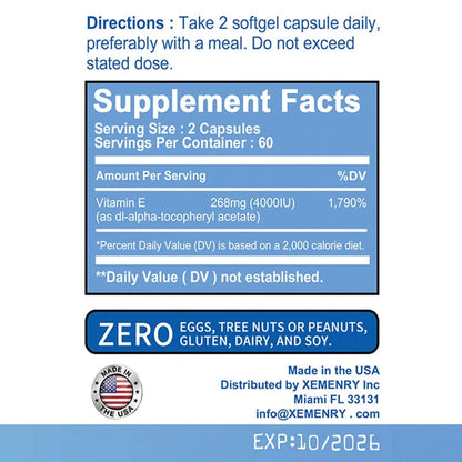 Vitamin E Capsules- Brightens Skin, Tightens Skin, Reduce Wrinkles, Anti-aging, Antioxidant