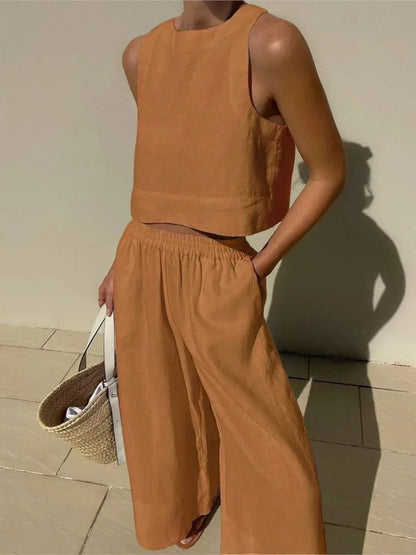 Women's Solid Color Casual Sleeveless Shirt And Pants Two Piece Summer Loose Simple Wide Leg Pants Vest Female 2025 Light Brown
