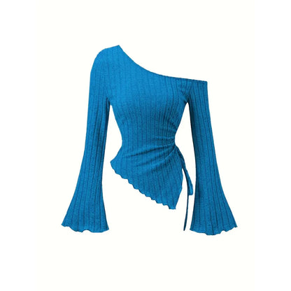 women's New off shoulder cross long sleeved slim fit casual street style asymmetrical elegant T-shirt trumpet sleeve top Blue