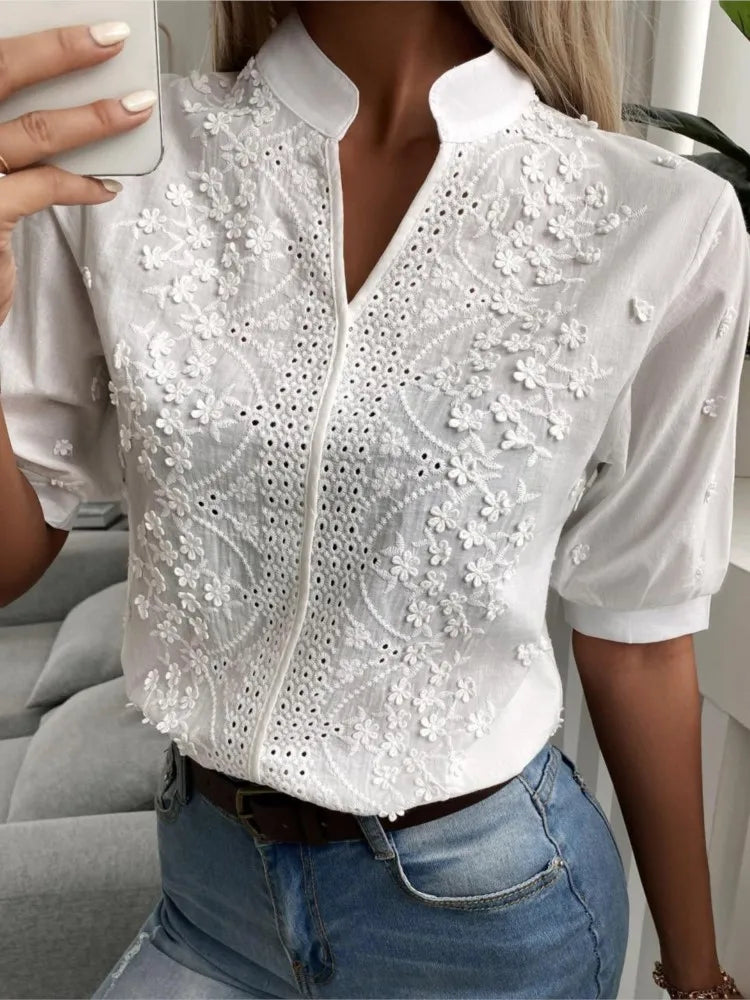 Summer Women's White Top Blouse New Fashion Elegnat V Neck Short Sleeve Casual Office Party Tops Shirts Female Lace Shirt