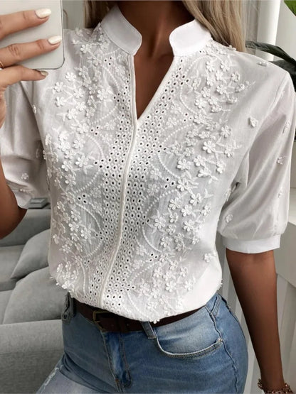 Summer Women's White Top Blouse New Fashion Elegnat V Neck Short Sleeve Casual Office Party Tops Shirts Female Lace Shirt