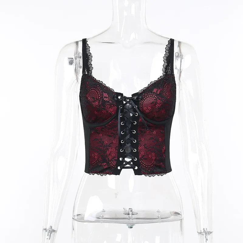 Goth Sexy Lace Corset Crop Tops Camis Y2K Harajuku Aesthetic Black Red Cross Basic Tank Top Summer Women Grunge Emo Streetwear