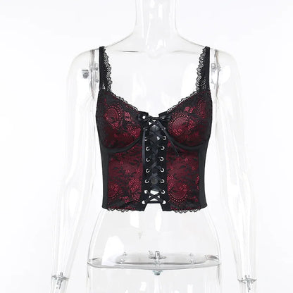 Goth Sexy Lace Corset Crop Tops Camis Y2K Harajuku Aesthetic Black Red Cross Basic Tank Top Summer Women Grunge Emo Streetwear