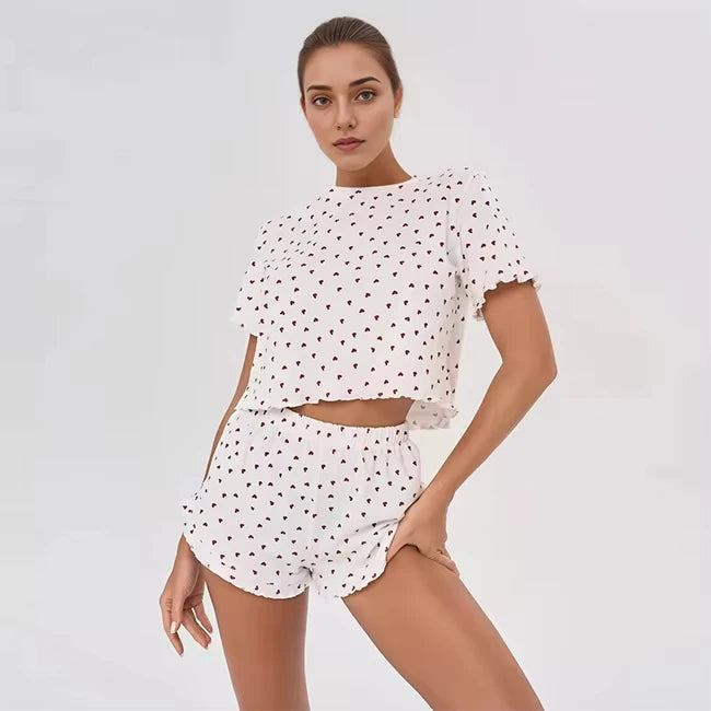 Womens Cute Heart Print Pajama Set Two Piece Short Sleeve Crop Top Ruffle Shorts Sleepwear Loungewear Casual Summer Nightwear ﻿